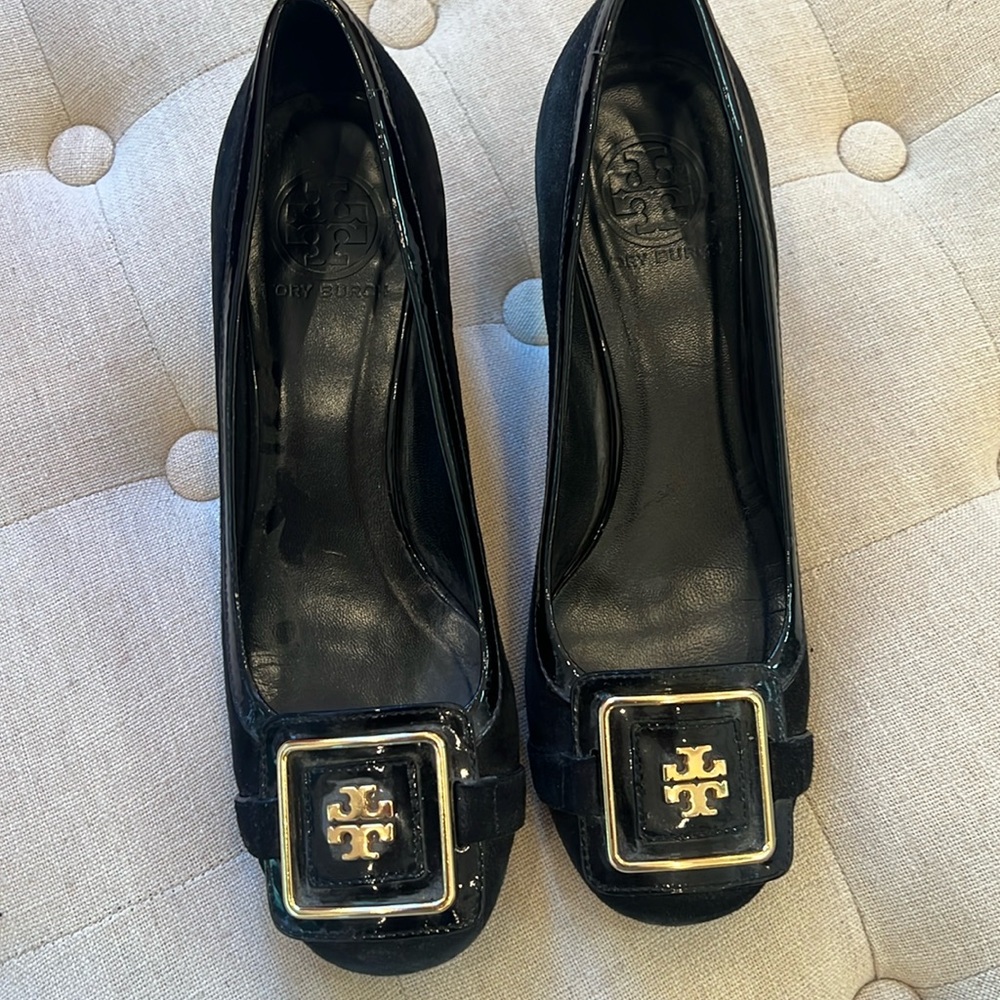 Tory Burch Black Heels with Gold Buckle
